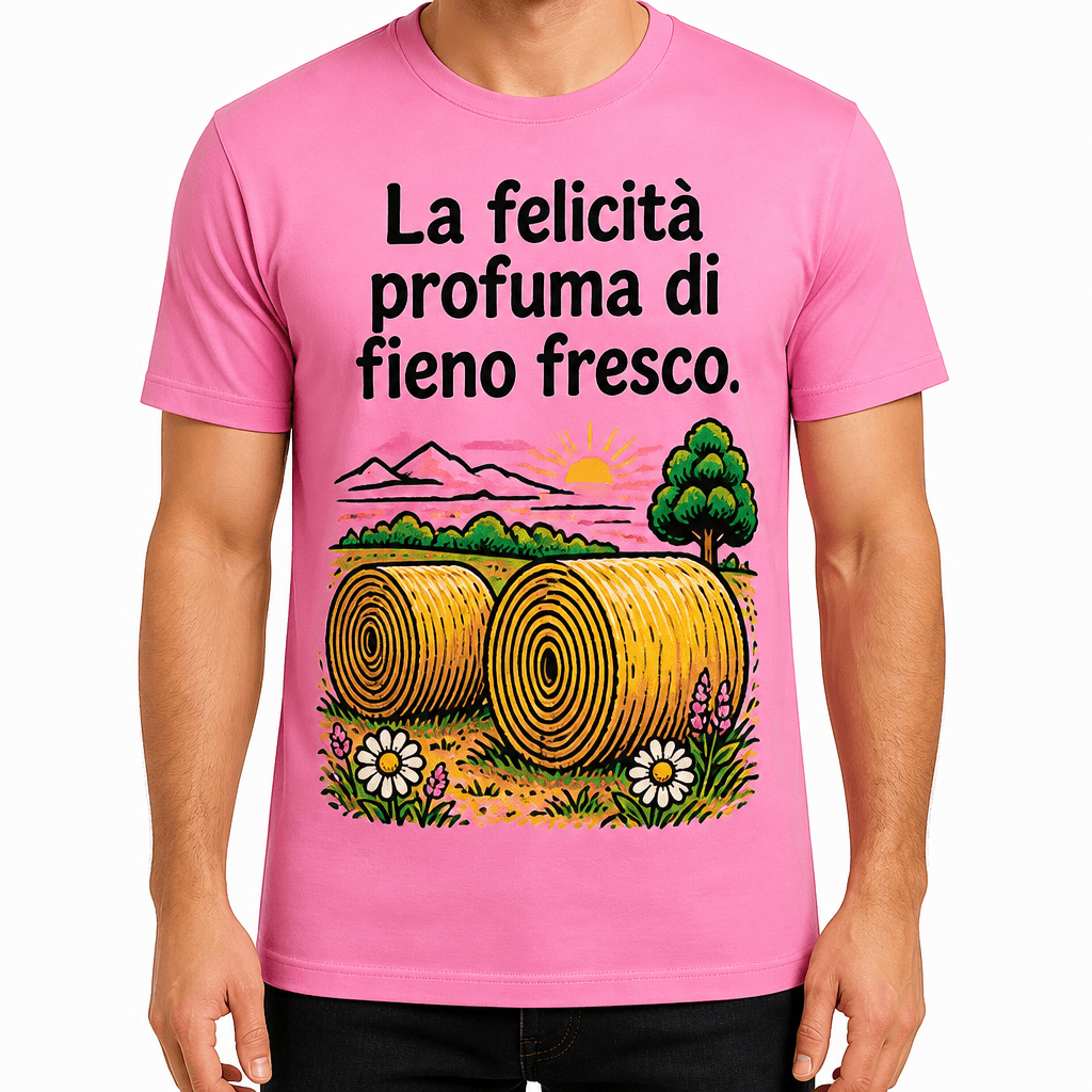Maglietta per contadino – La felicità profuma di fieno fresco.