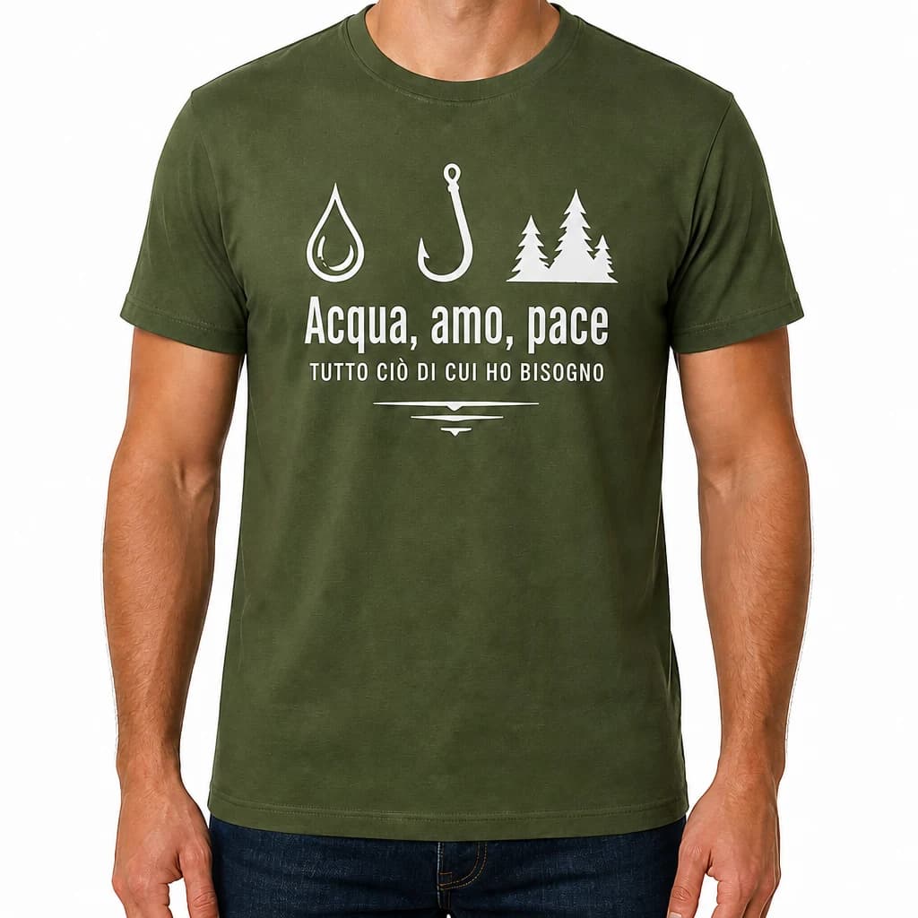 Uomo con maglietta verde militare con icone di goccia, amo e abeti e scritta “Acqua, amo, pace”