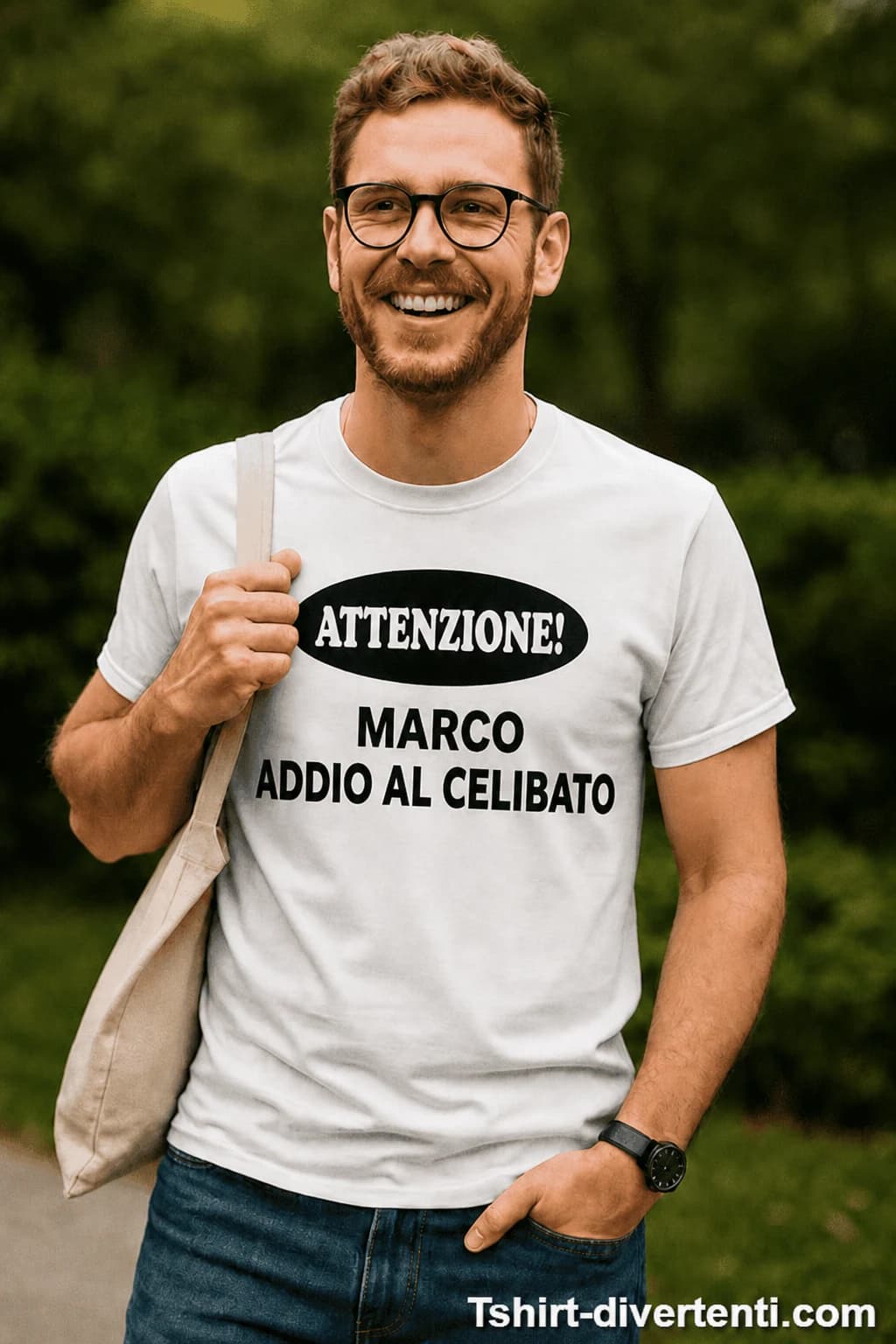 Uomo con maglietta bianca e scritta “Attenzione!” in ovale nero, nome dello sposo e “addio al celibato”