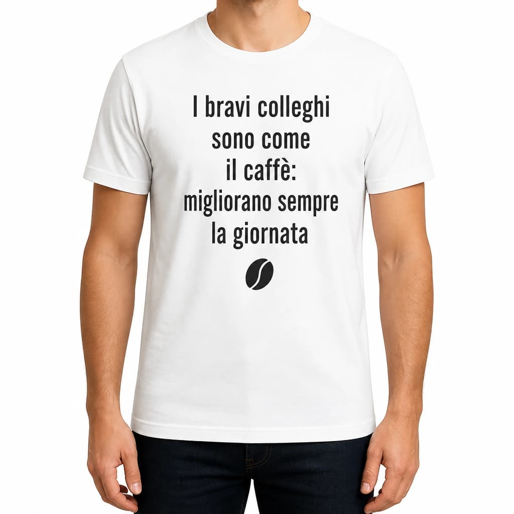 Maglietta bianca con scritta “I bravi colleghi sono come il caffè: migliorano sempre la giornata” e chicco