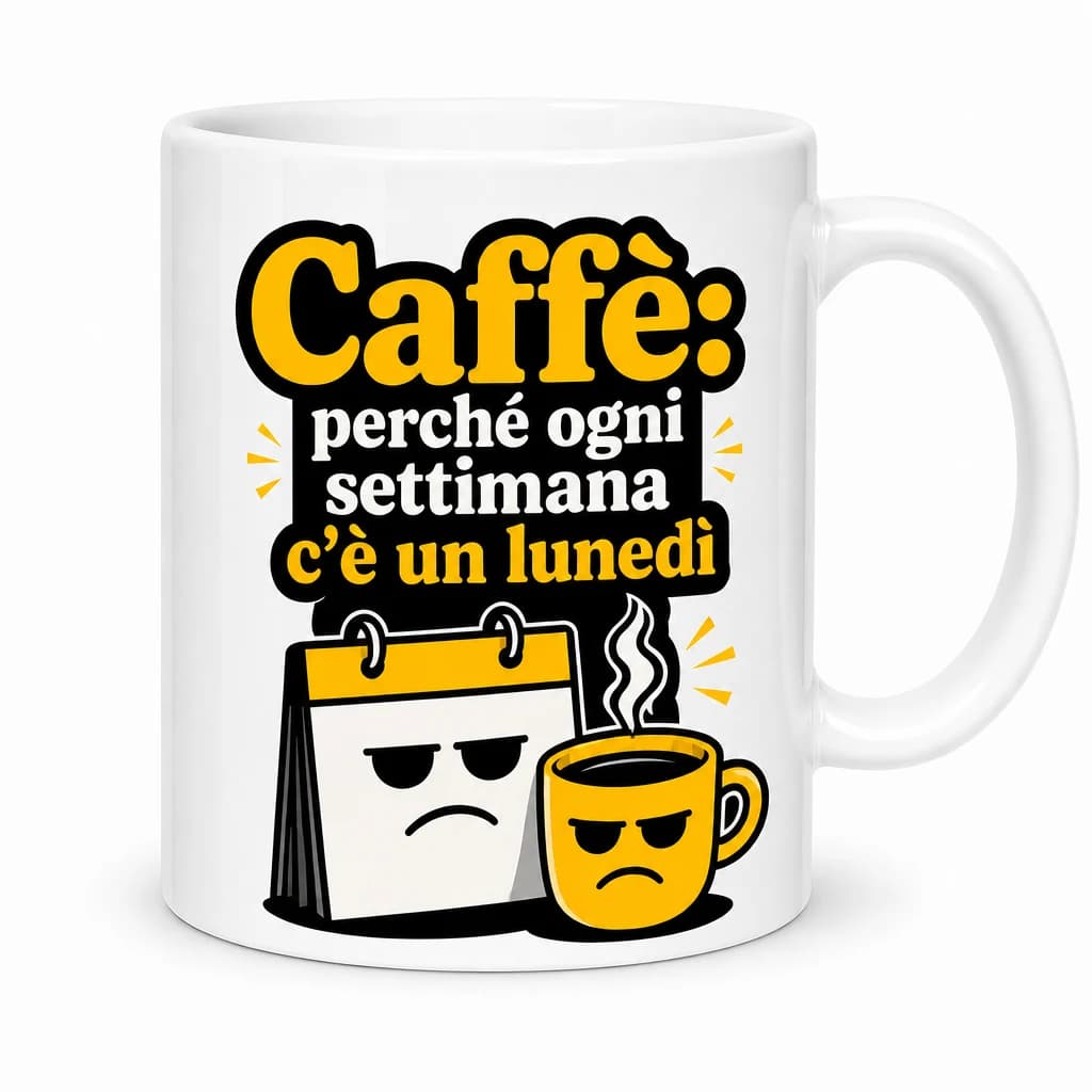 Tazza bianca con calendario e tazzina gialla imbronciati e scritta “Caffè: perché ogni settimana c’è un lunedì”