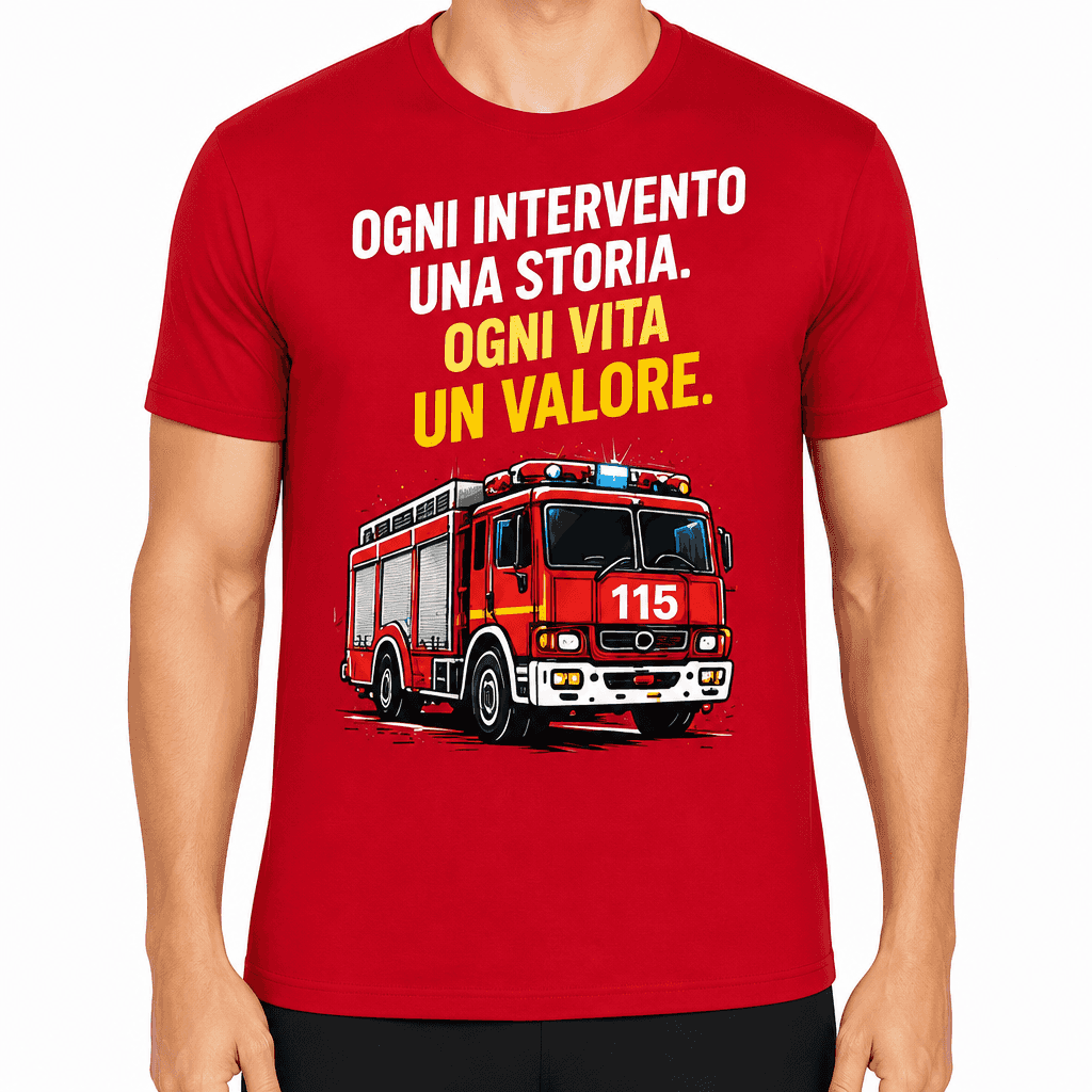 Maglietta pompiere – Ogni intervento una storia. Ogni vita un valore.