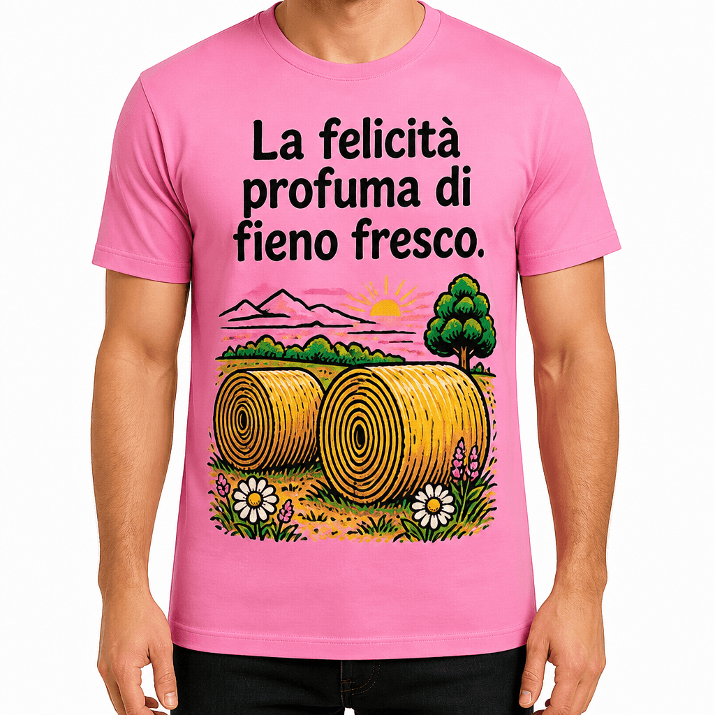 Maglietta per contadino – La felicità profuma di fieno fresco.