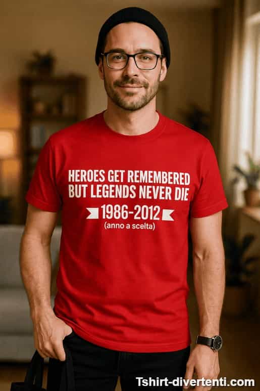 Maglietta divertente legends never die anno a scelta