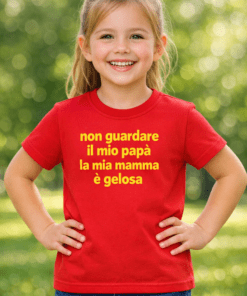 Maglietta bimbo divertente: Non guardare il mio papà, la mia mamma è gelosa
