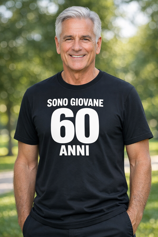 Maglietta divertente SONO GIOVANE 60 ANNI