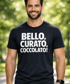 Maglietta con scritta BELLO, CURATO, COCCOLATO!
