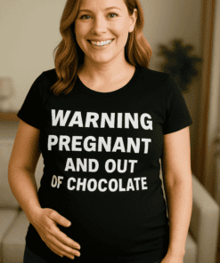 Maglietta premaman warning pregnant and out of chocolate
