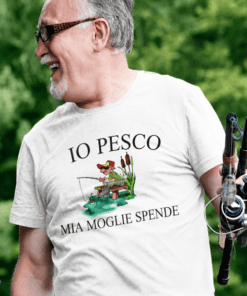 Maglietta divertente io pesco mia moglie spende