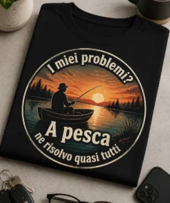 T-shirt pesca con badge circolare al tramonto, barca con pescatore silhouette nera, lago calmo e slogan I miei problemi? A pesca ne risolvo quasi tutti