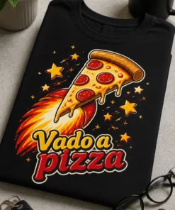 T-shirt con grafica cartoon di una fetta di pizza-razzo che decolla, con slogan Vado a pizza
