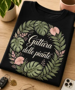 T-shirt donna con illustrazione botanica raffinata e scritta Gattara delle piante, con foglie di monstera e felci in cornice ovale verde salvia e blush.