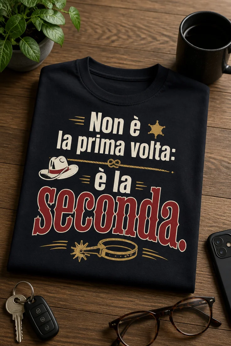 T-shirt con slogan Non è la prima volta: è la seconda. design tipografico western moderno con dettagli rodeo minimali