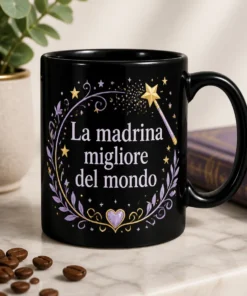 Mug elegante con la scritta La madrina migliore del mondo, bacchetta magica e stelline in stile raffinato lavanda e oro