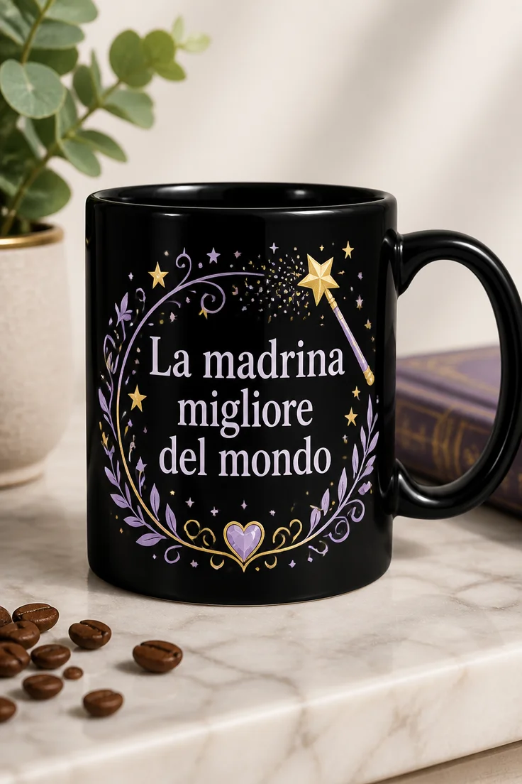 Mug elegante con la scritta La madrina migliore del mondo, bacchetta magica e stelline in stile raffinato lavanda e oro