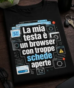 T-shirt con slogan in italiano “La mia testa è un browser con troppe schede aperte”, grafica umoristica tech con tab e finestre pop-up.