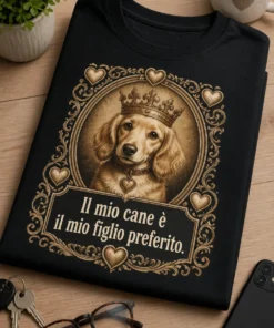 T-shirt con cane in cornice ovale vintage e slogan Il mio cane è il mio figlio preferito.