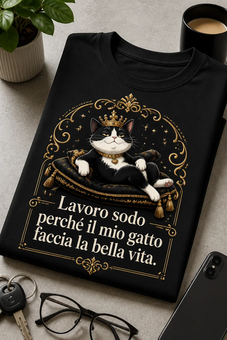 T-shirt con gatto sarcastico su cuscino regale, corona dorata e slogan in italiano sul lavoro per il benessere del gatto