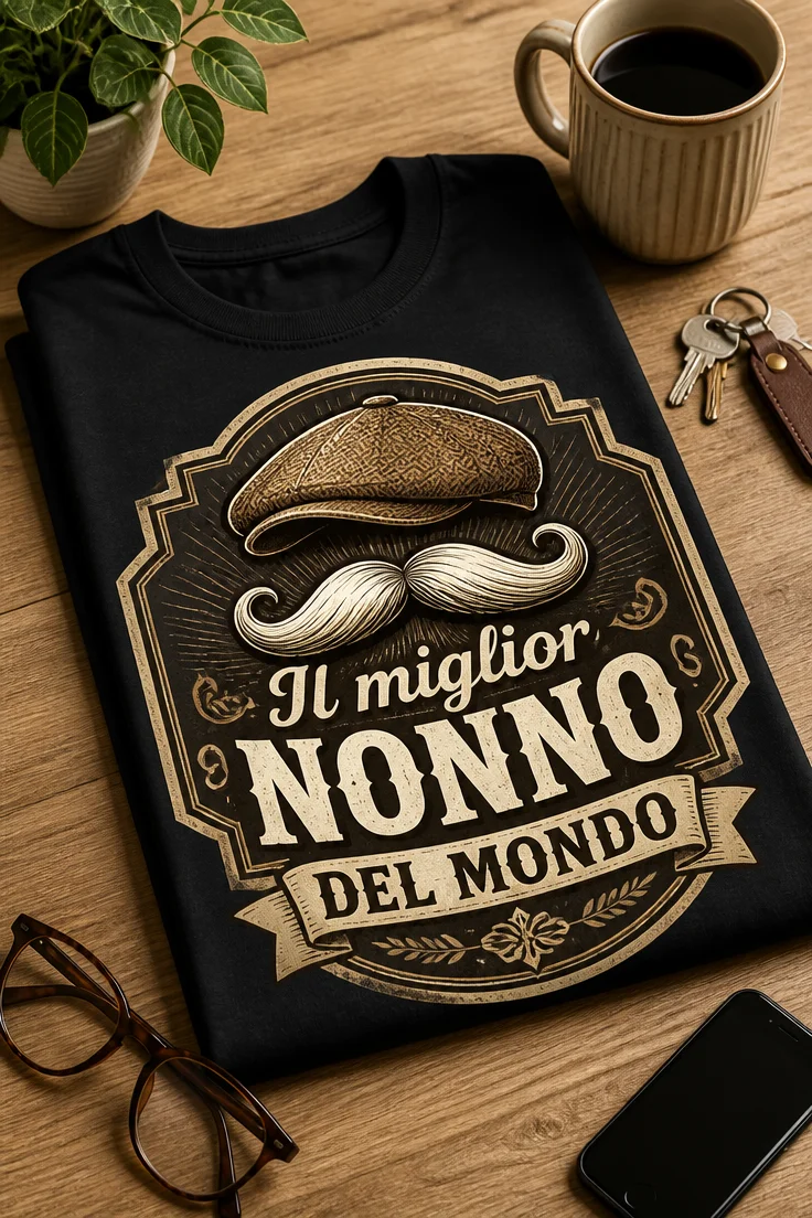 T-shirt nonno divertente con scritta Il miglior nonno del mondo, badge vintage con baffi e coppola