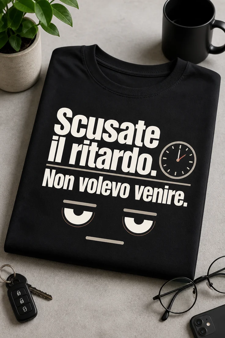 T-shirt nera con grafica minimal sarcastica e testo Scusate il ritardo. Non volevo venire. in bianco/crema con accenti grigi e faccina impassibile