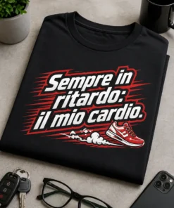 T-shirt con grafica tipografica energica e ironica con la scritta Sempre in ritardo: il mio cardio. in rosso e bianco, frecce di movimento e piccola sneaker