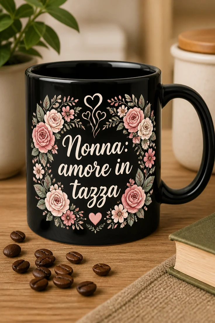 Mug regalo per nonna con scritta Nonna: amore in tazza, ghirlanda floreale delicata in stile cottagecore moderno, toni rosa e salvia