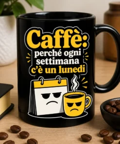 Mug con slogan Caffè: perché ogni settimana c’è un lunedì e grafica minimal con calendario, faccia imbronciata e caffè
