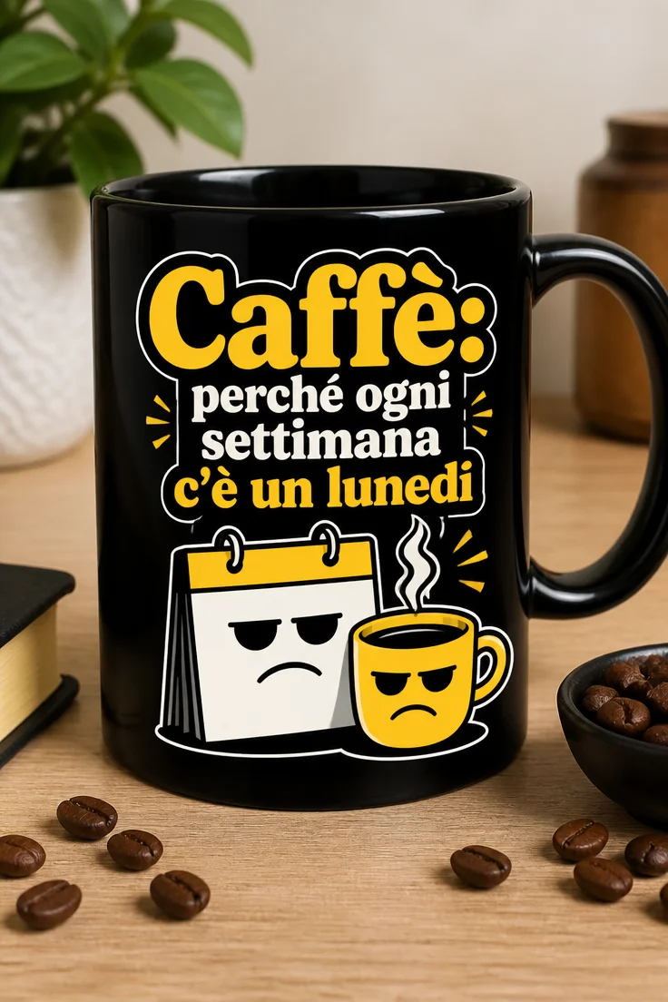 Mug con slogan Caffè: perché ogni settimana c’è un lunedì e grafica minimal con calendario, faccia imbronciata e caffè