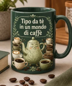 Mug con teiera elegante e tazze di caffè, slogan Tipo da tè in un mondo di caffè, design pulito in tonalità salvia e crema